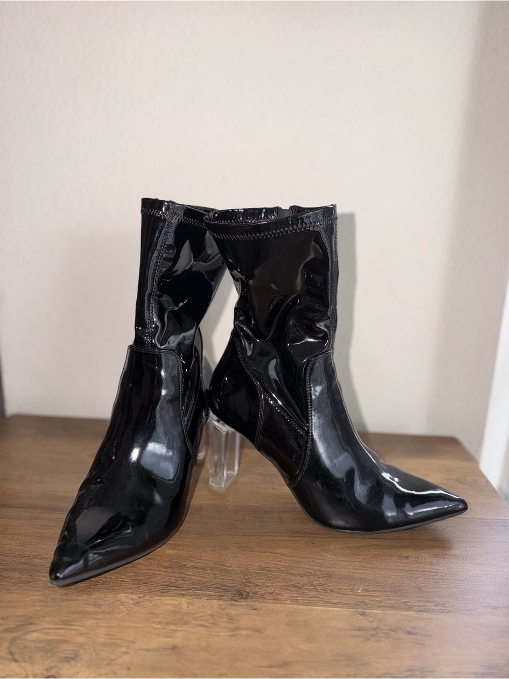 Black Patent Pointed-Toe Ankle Boots with Clear Block Heel